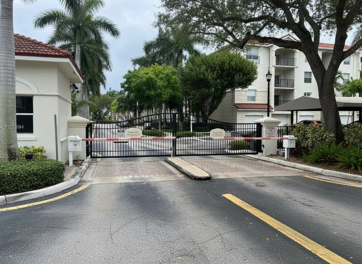 Barrier arm and gate controlling the exit road of a residential plaza