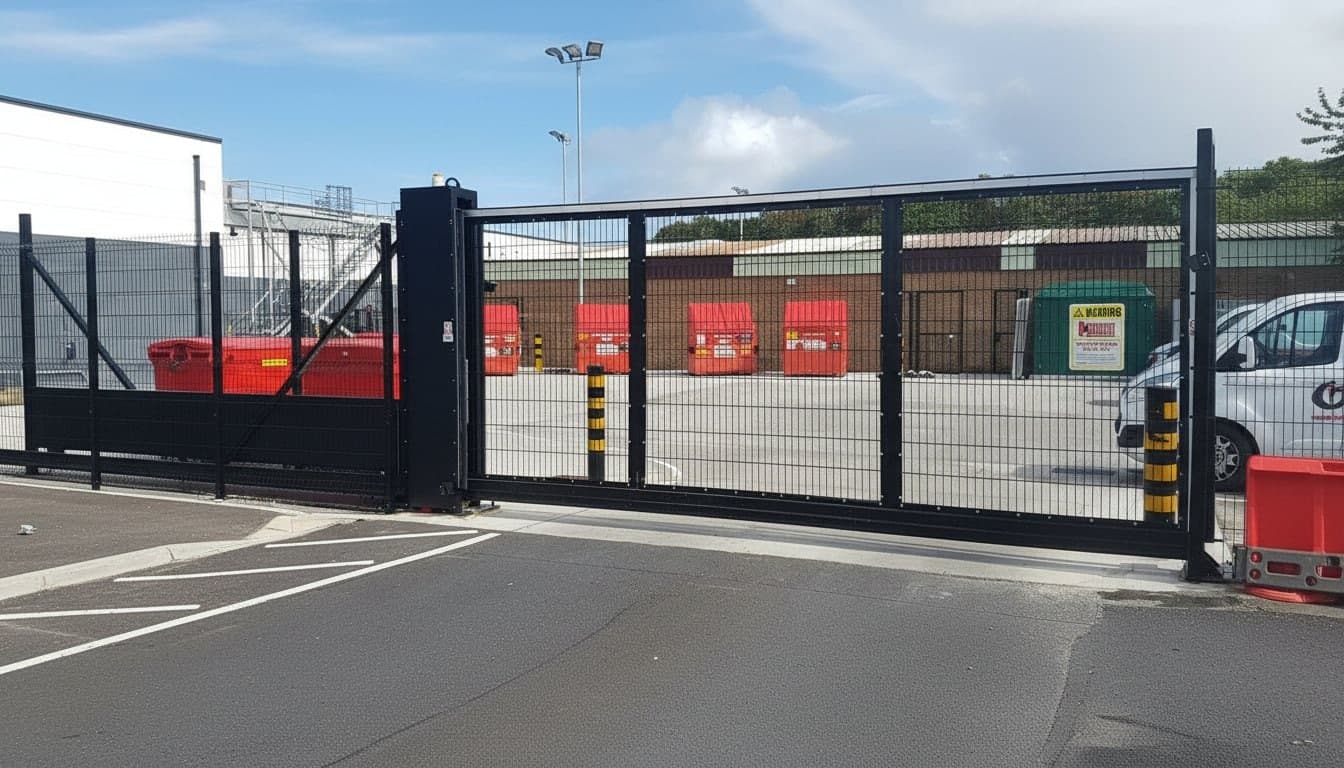 Cantilever slide gate spanning a commercial yard entrance without a ground track