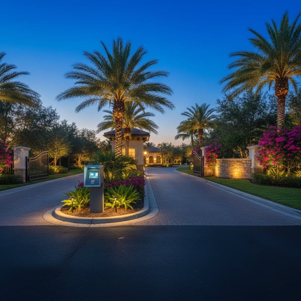 Landscaped community entrance island with an access pedestal at dusk