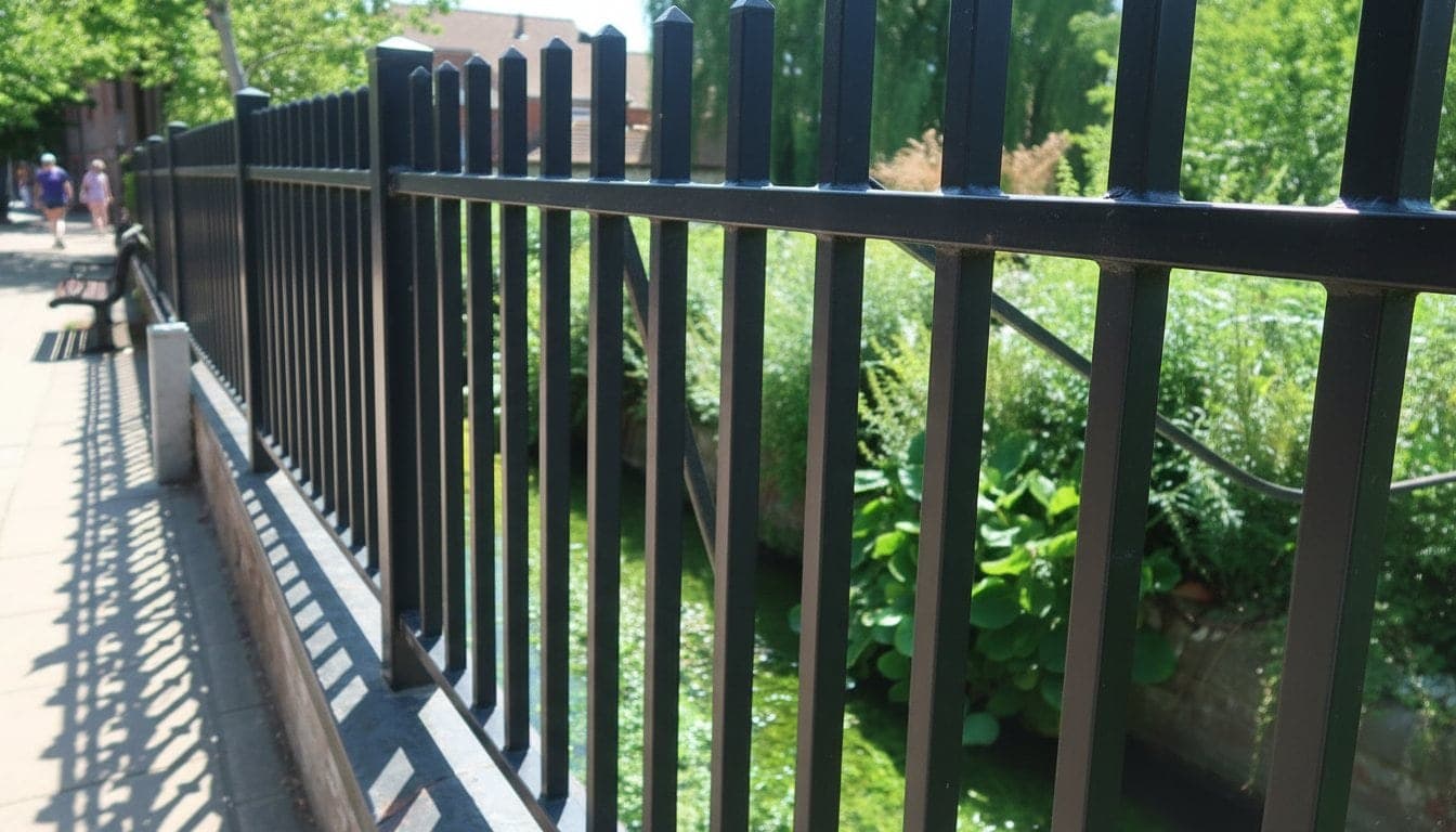 Aluminum picket fence running along a planted boundary