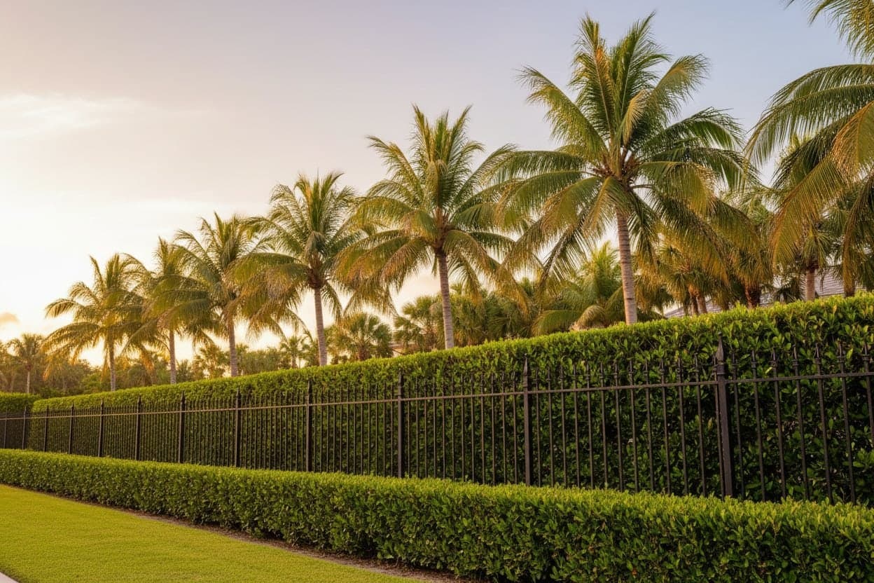 Ornamental iron fence running behind a clipped hedge under a line of palms