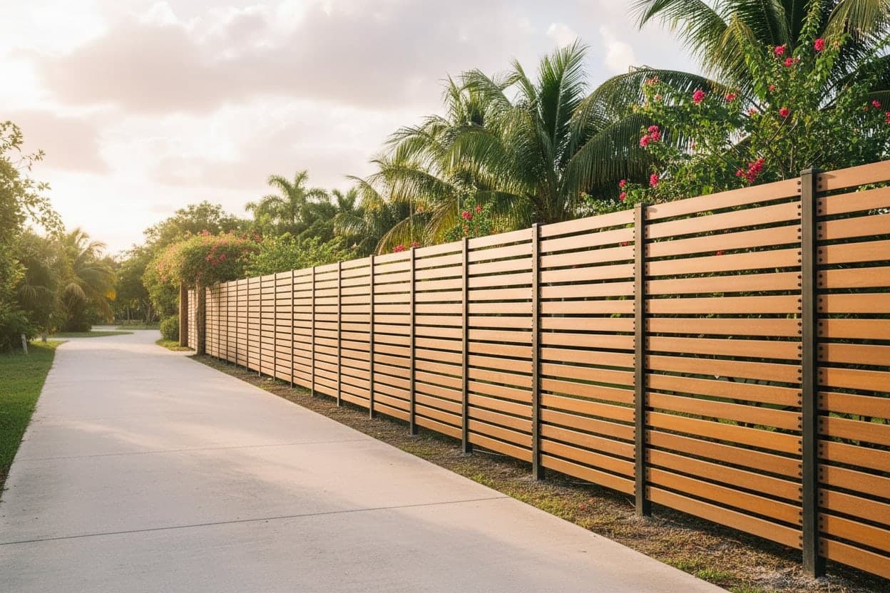 Timber-look horizontal slat fence running along a path with planting behind