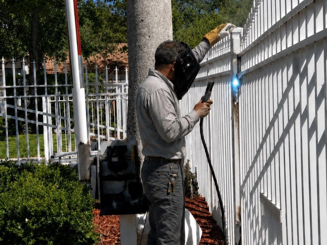 Fabricator welding the finished gate panel on site