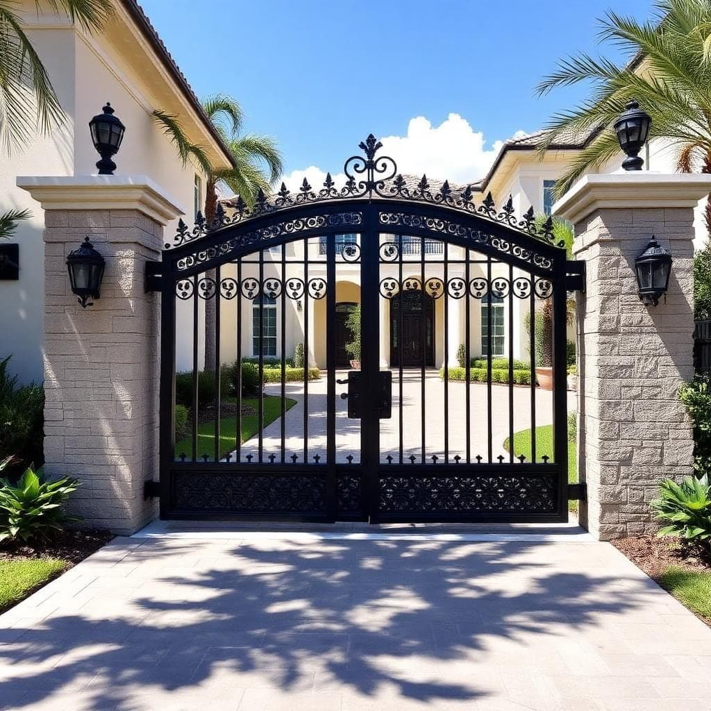 Ornate custom iron driveway gate at a South Florida estate entrance