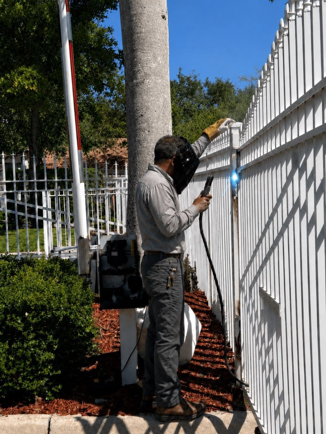 Fabricator welding a custom steel gate frame on site