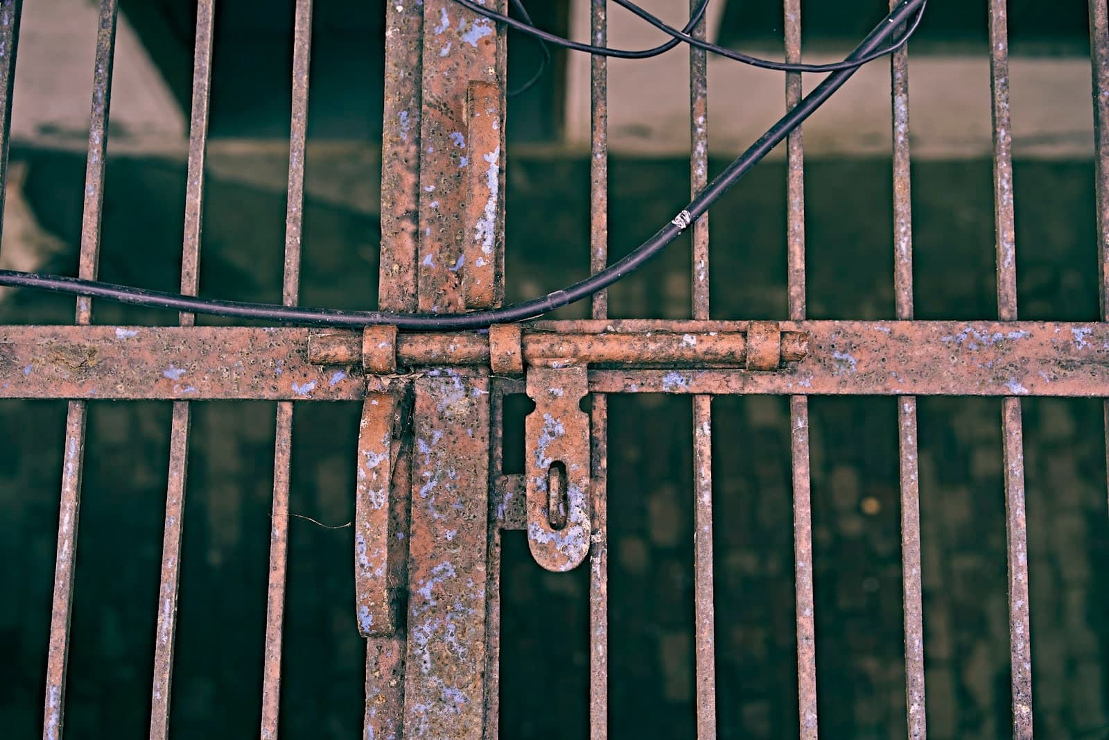 Rusted and padlocked iron gate bars seized shut with a corroded latch