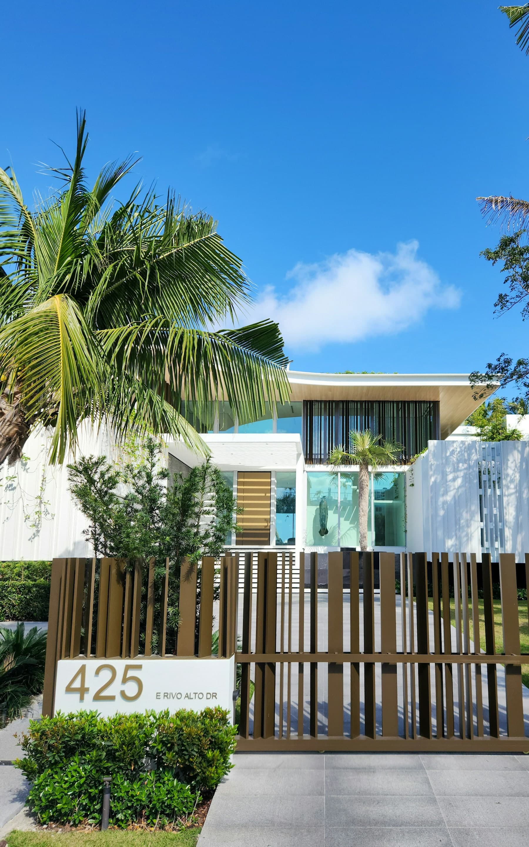 Bronze vertical-slat driveway gate and matching fence in front of a white contemporary house shaded by palms.