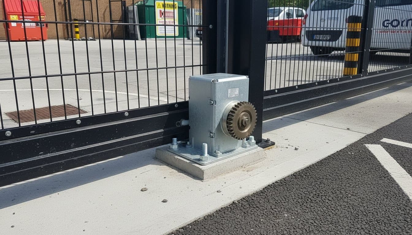Rack-driven slide operator mounted on a concrete pad beside a dark metal gate