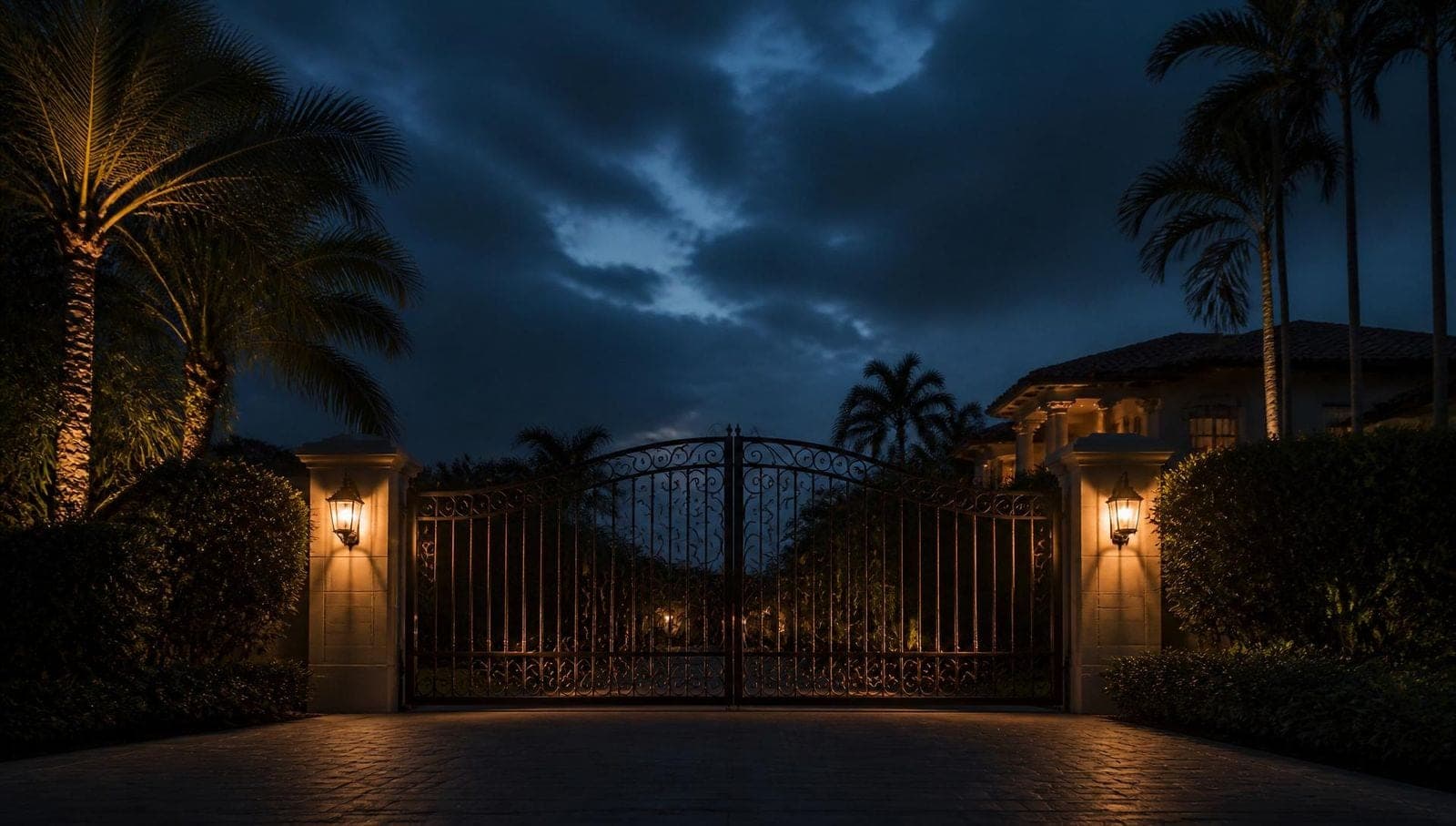 Lit driveway gate at night with uplit palms behind it