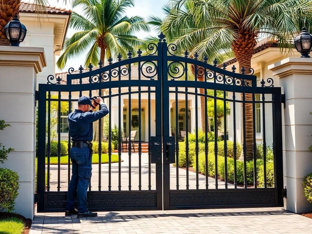 Technician working on an ornate iron gate at a residential entrance